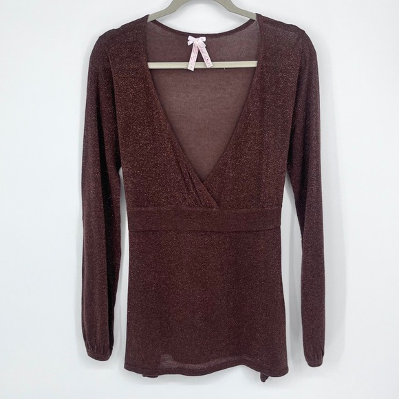 Derek Heart Plus Tops - Y2K Derek Heart Plus Wrap Top Womens 1X Brown Metallic Empire Waist Bubble Slv‎